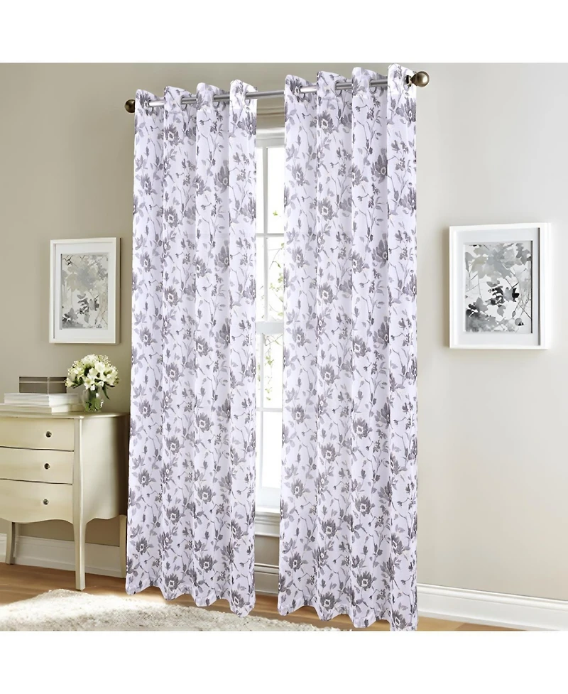 Rt Designers Collection Meadow Grommet Metallic Sheer Printed Doily Curtain Panel 54" x 84" Grey
