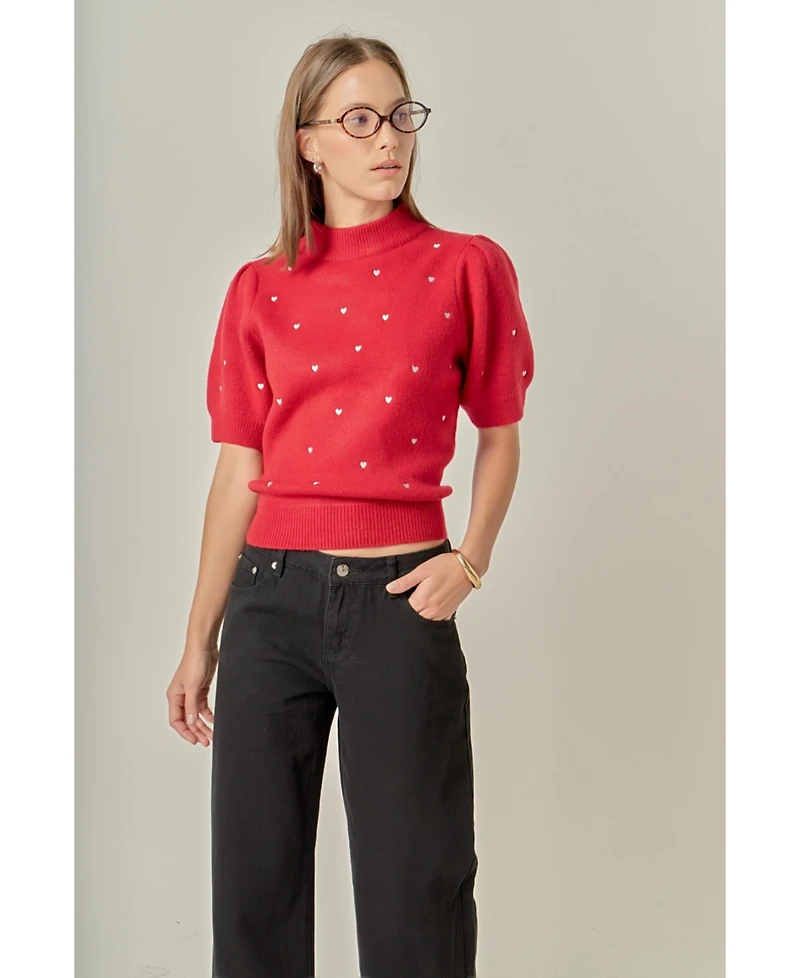 English Factory Women's Heart Women's-Embroidered Puff Sleeve Knit