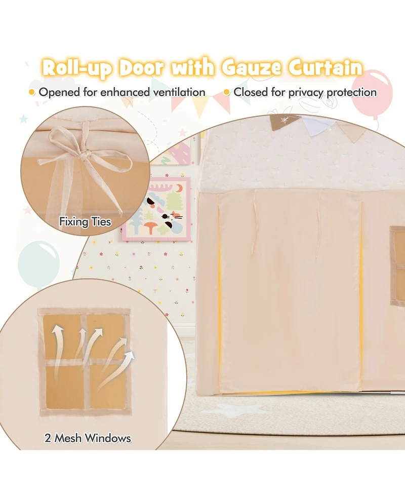 Gymax Kids Play Tent w/Padded Mat Light String Glow-in-the-dark Fabric Colorful Flags