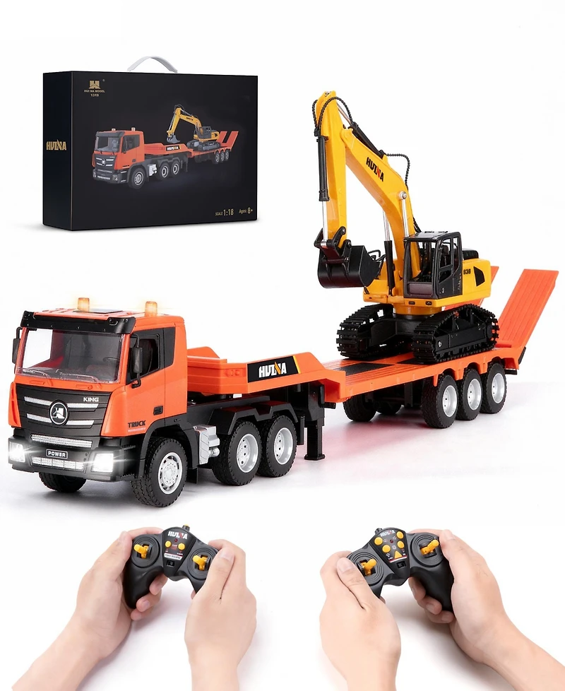 Sugift Rc Semi Truck & Excavator Toy Set, 1:24 Remote Control Construction Vehicles with Lights & Sound