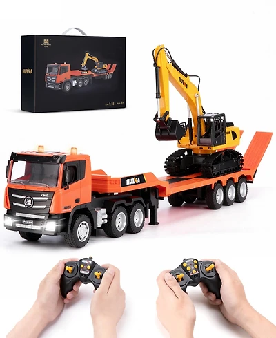 Sugift Rc Semi Truck & Excavator Toy Set, 1:24 Remote Control Construction Vehicles with Lights & Sound