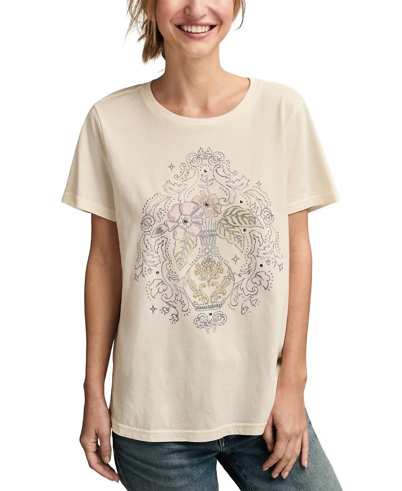 Lucky Brand Women's Floral Vase Classic Crewneck T-Shirt