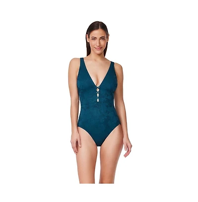 Profile by Gottex Women's Jolene Textured Deep V-Neck One-Piece Swimsuit