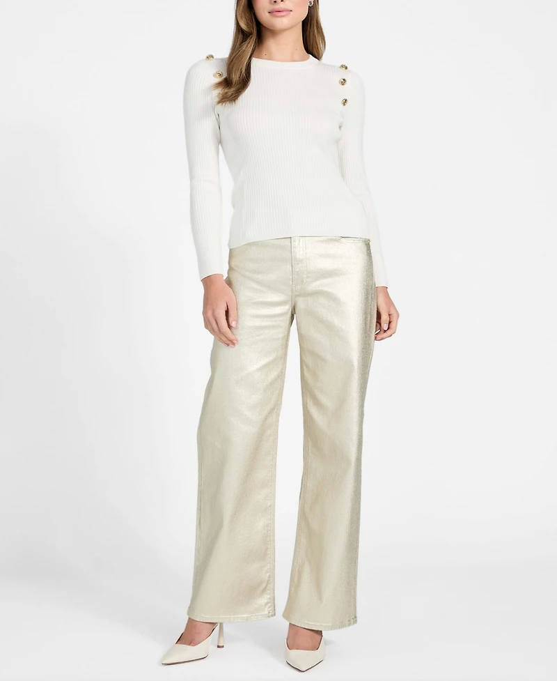 Guess Women's Long-Sleeve Rib Logo Button Vonn Sweater