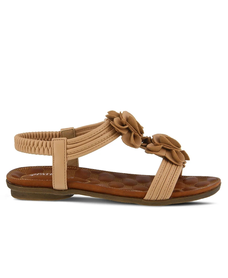 Patrizia Women's Nectarine Floral T-Strap Sandal with Elastic Back and Quilted Footbed