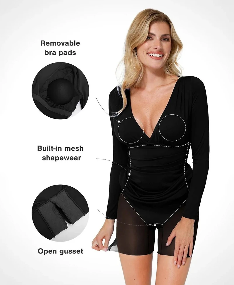 Popilush Women's Shapewear Long Sleeve V-Neck Ruched Bodycon Midi Dress