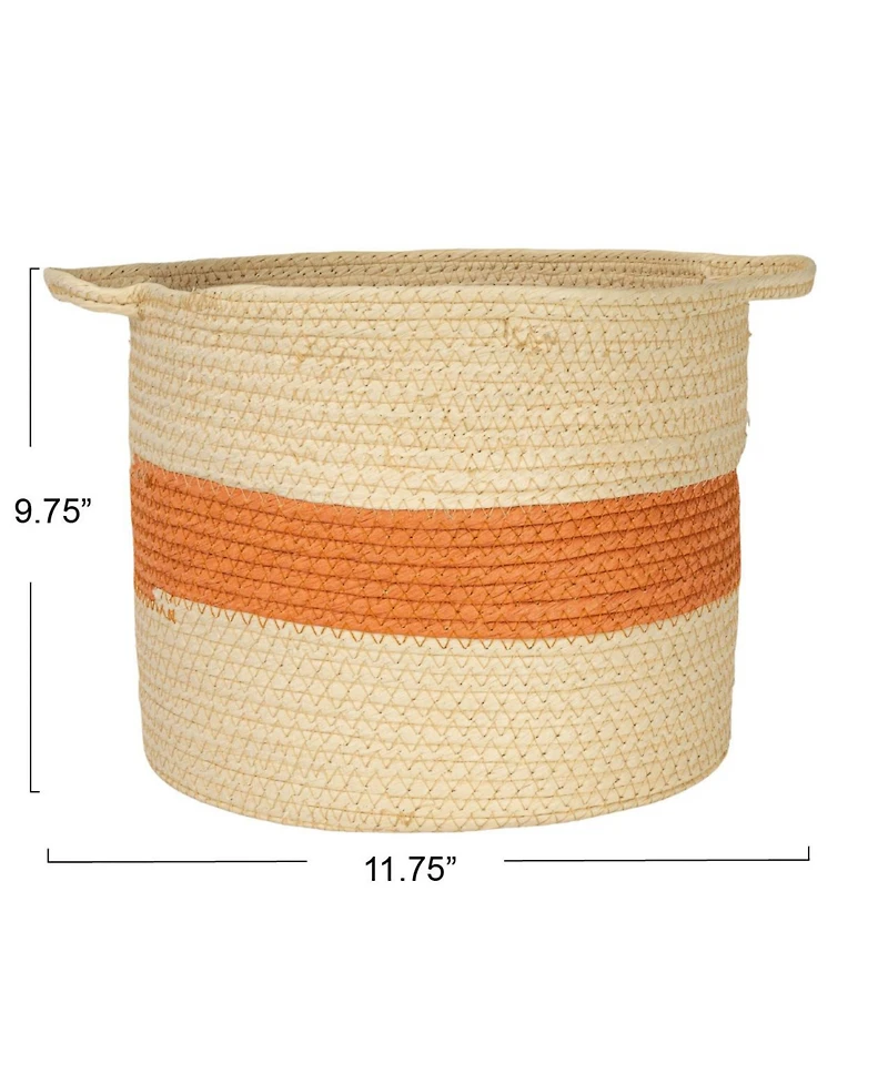 Household Essentials Round Handwoven Paper Rope Basket with Terracotta Stripe and Handles, Natural