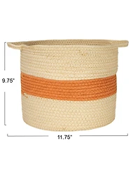 Household Essentials Round Handwoven Paper Rope Basket with Terracotta Stripe and Handles, Natural