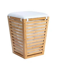 Household Essentials Slatted Natural Hamper with Cushioned Lid and Removable Cotton Bag, Natural