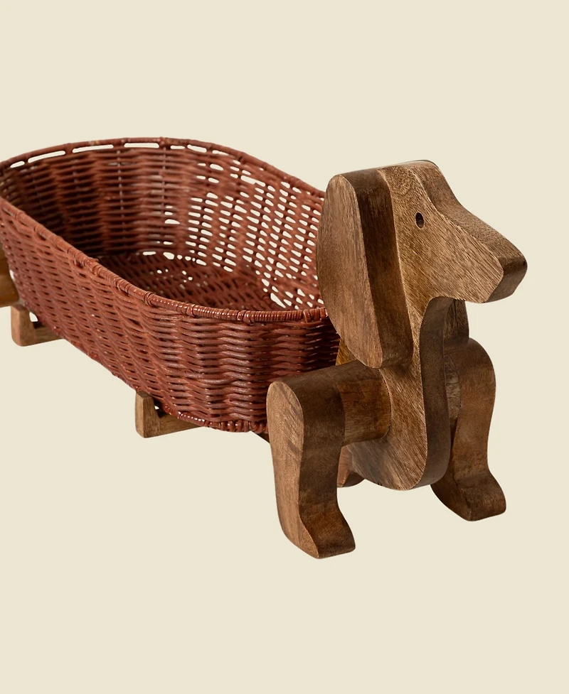 Uncommon Goods Dachshund Mango Wood & Rattan Storage Basket
