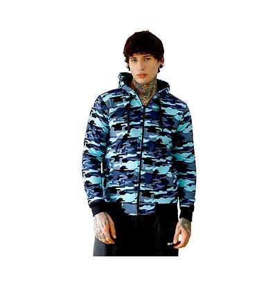 Campus Sutra Men's Navy Blue Camouflage Fleece-Lined Jacket