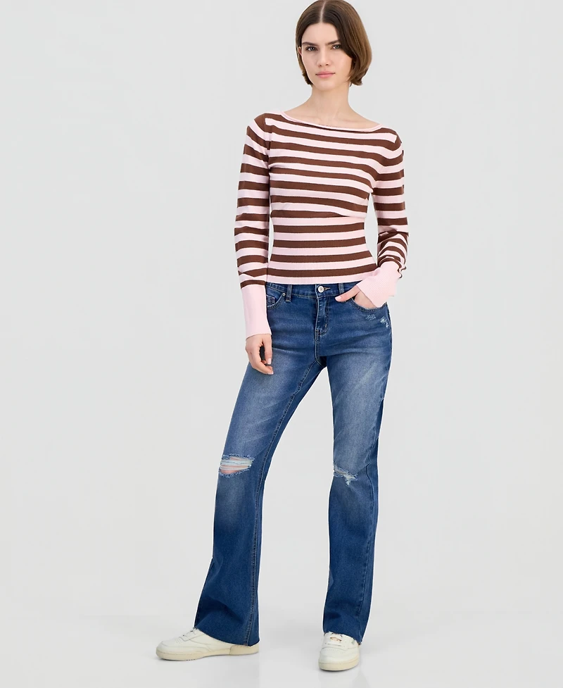 Ultra Flirt Juniors' Boat-Neck High Rib Start Striped Sweater