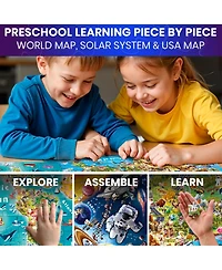 Quokka 100 Puzzles for Kids Ages 4-8 – Glow-in-The-Dark Usa Map World Map and Solar System – Geography Learning Toys