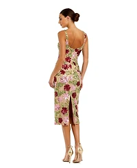 Mac Duggal Women's Floral Beaded Mesh Scoop Neck Fitted Midi Dress