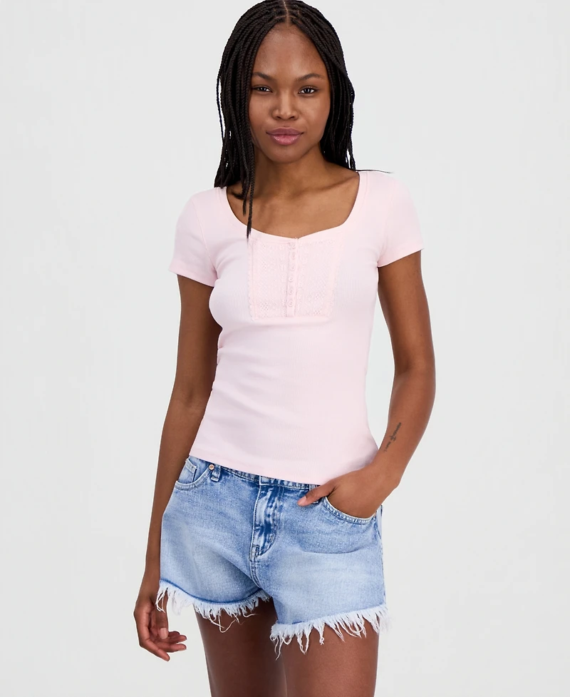 Just Polly Juniors' Ribbed Lace-Yoke Top