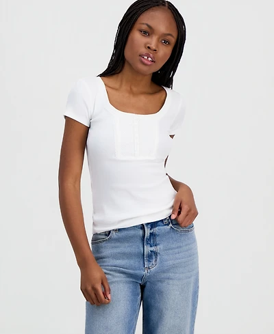 Just Polly Juniors' Ribbed Lace-Yoke Top
