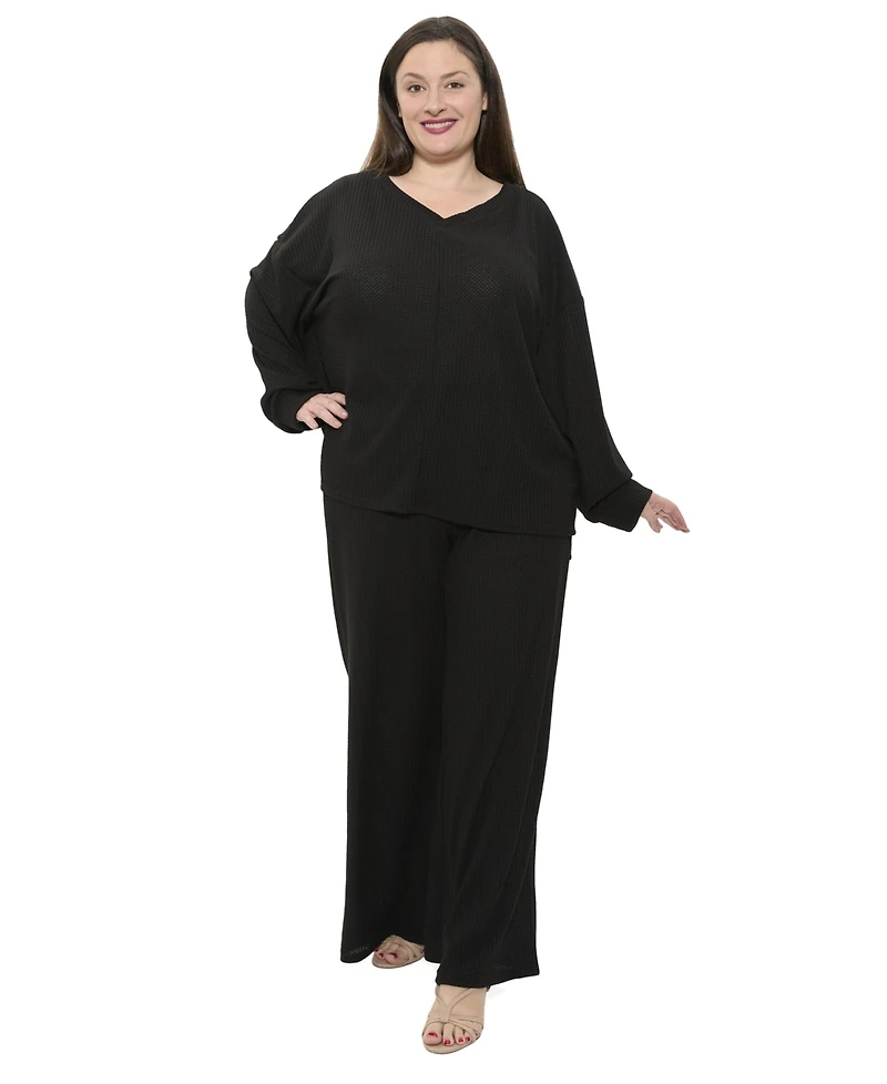 24seven Comfort Apparel Plus V-Neck Long Sleeve Soft Waffle Knit Top and Pant Set