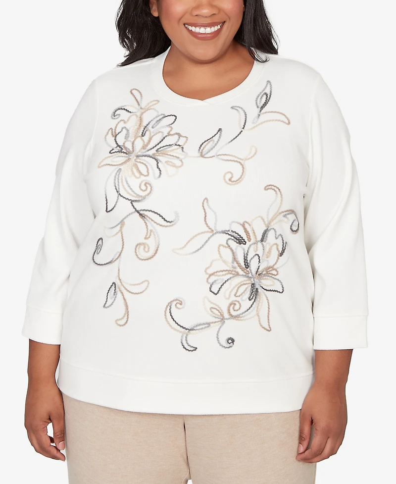 Alfred Dunner Plus Comfort & Joy Floral Embroidered Crew Neck Top