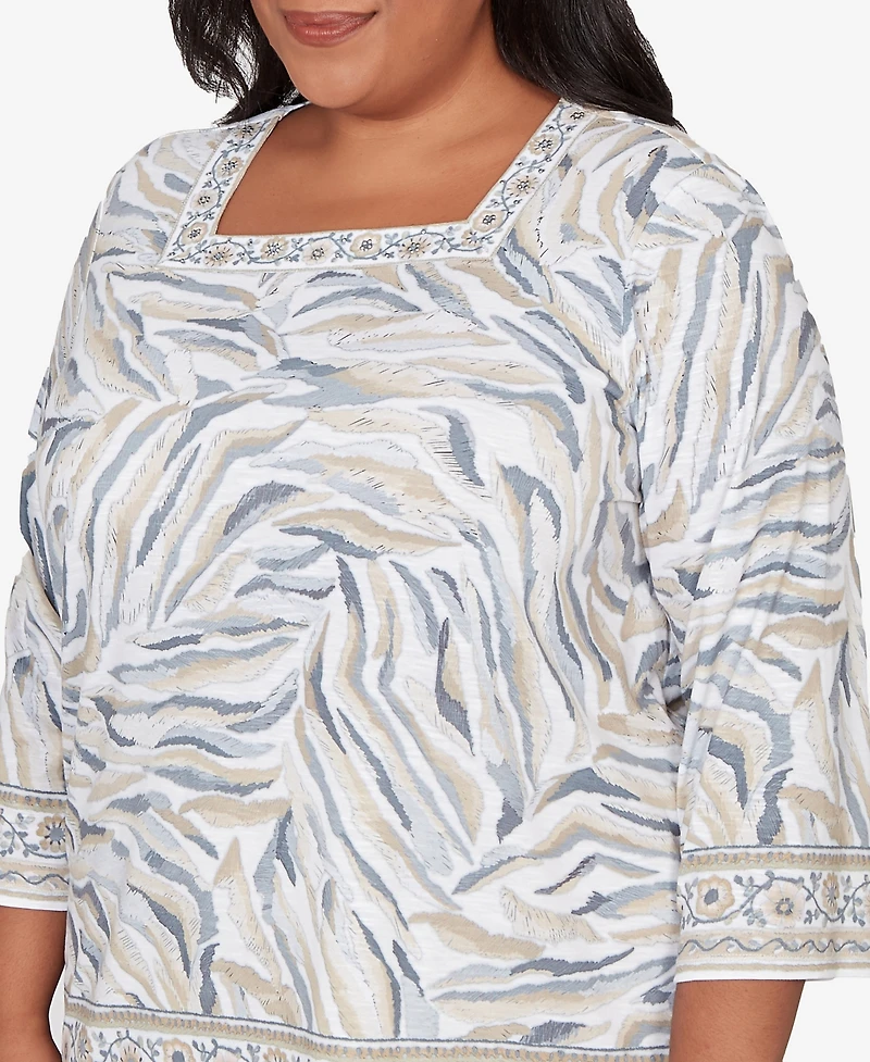 Alfred Dunner Plus Comfort & Joy Square Neck Animal Print Border Top