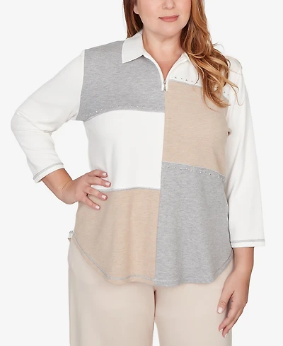 Alfred Dunner Plus Comfort & Joy Colorblock Quarter Zip Patchwork Top