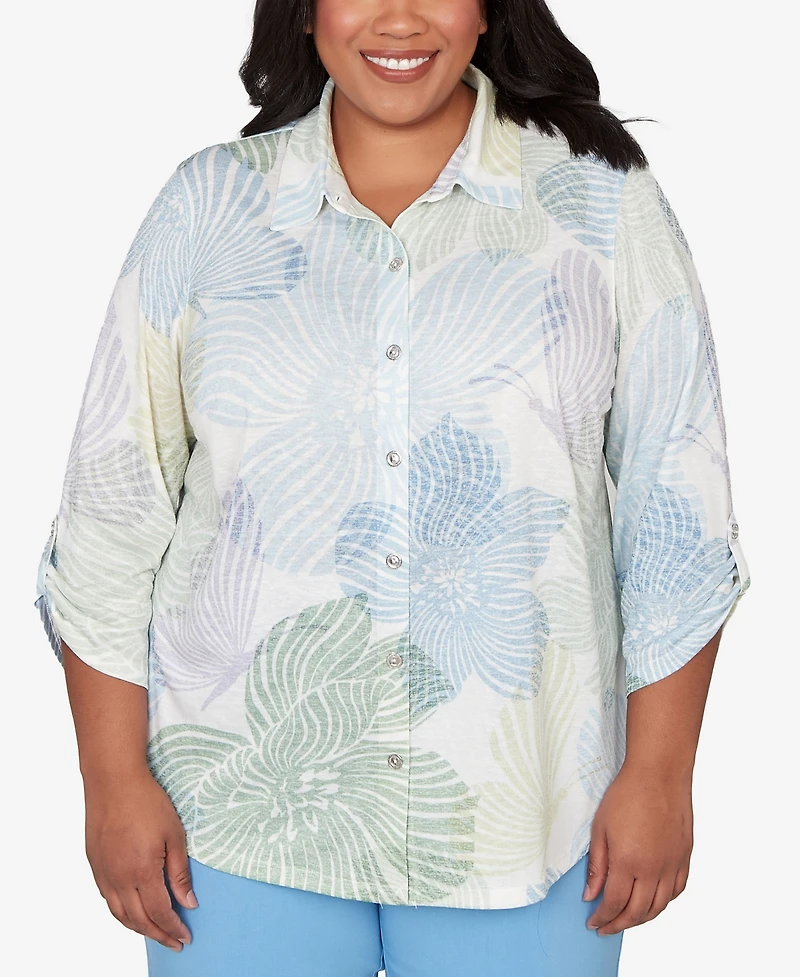 Alfred Dunner Plus St. Augustine Pastel Floral Print Button Down Shirt