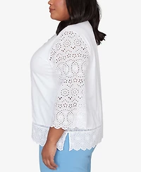 Alfred Dunner Plus St. Augustine Solid Eyelet Trim Top with Necklace