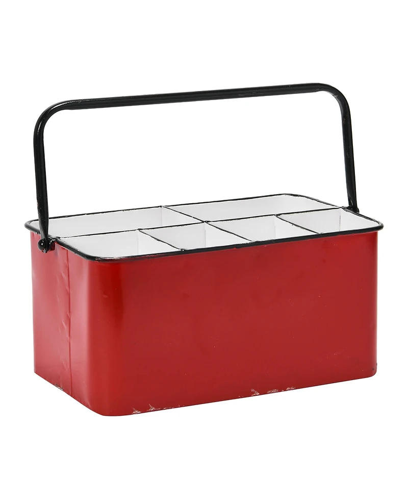Storied Home Distressed Metal Storage Caddy with 6 Compartments and Handle, Red and White
