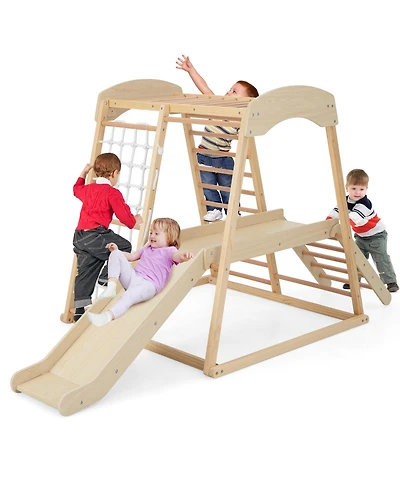 Skonyon 6-in-1 Indoor Jungle Gym Kids Wooden Playground with Monkey Bars-Natural.