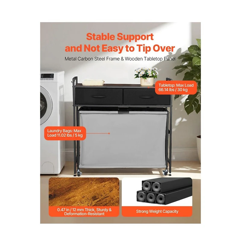 Slickblue 4-Bag Laundry Cart with Metal Frame and Wood Top Design