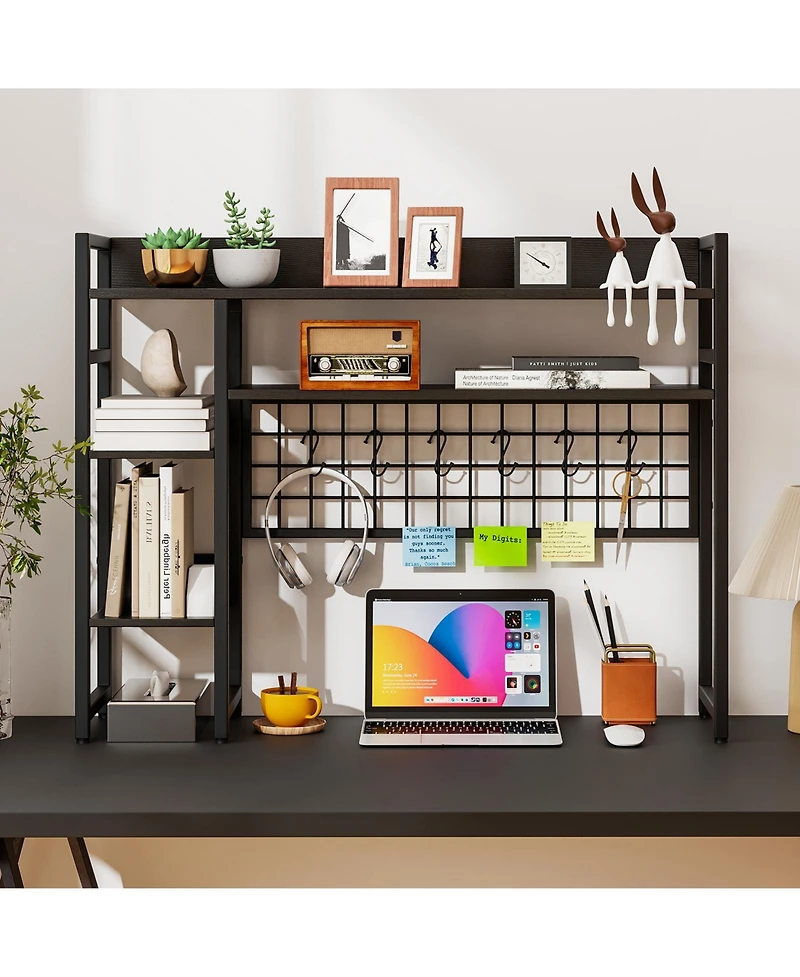 Slickblue Desktop Organizer Rack with 4 Storage Tiers, Grid Wall Panel, and Hanging Hooks For Home Office or Study
