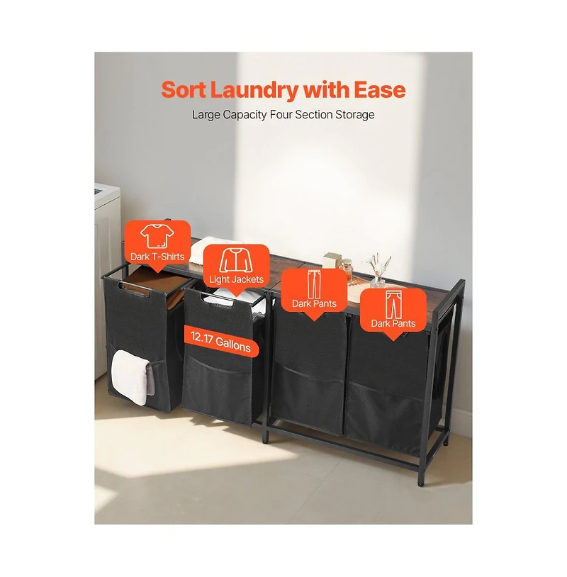 Laundry Sorter Cart with 4 Bags, Metal Frame, and Wood Top