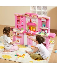 Mecale Kids Kitchen Playset, 3-in-1 Kitchen with Spray, Lights & Sounds, 74 Pcs Cooking Accessories, Pretend Play Set for Kids