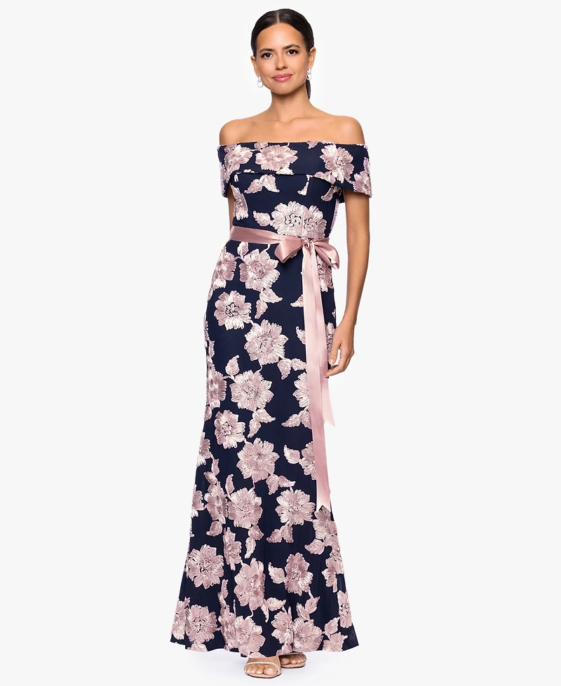 Betsy & Adam Petite Printed Off-The-Shoulder Gown
