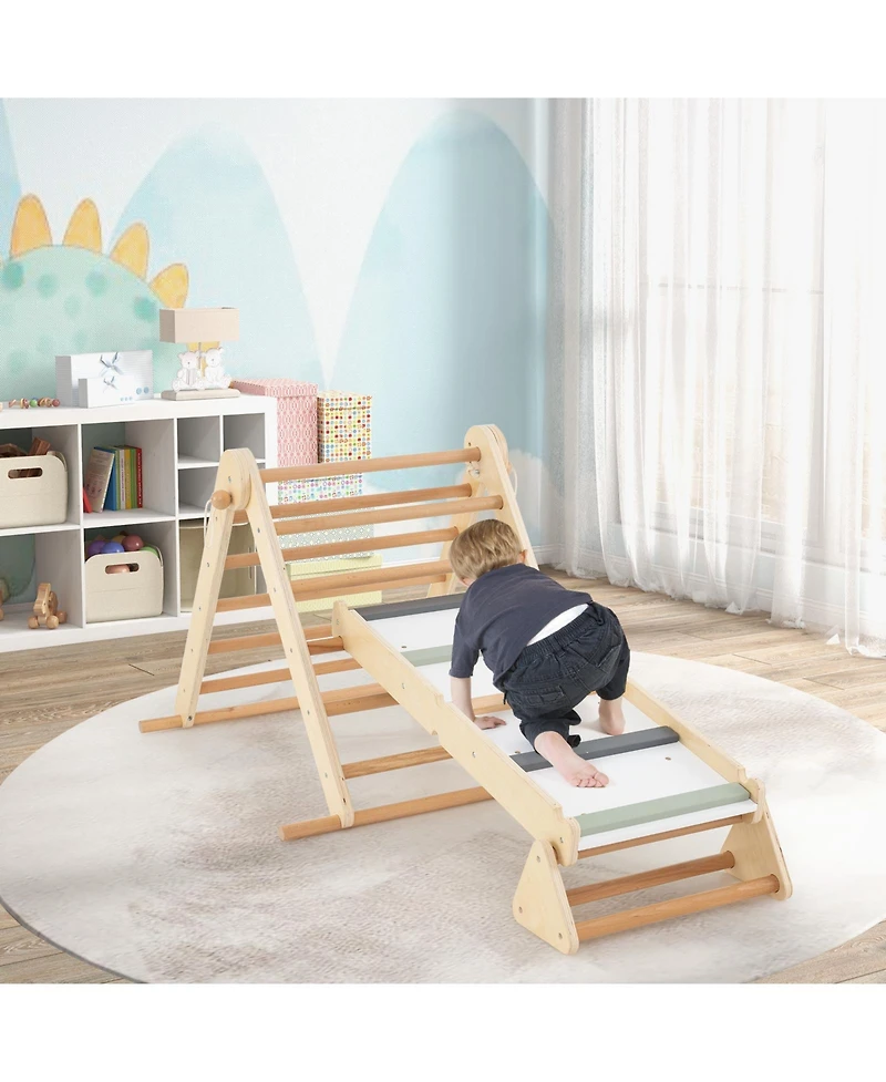 Skonyon 3-in-1 Foldable Pikler Triangle Climbing Set with Ramp – Natural Montessori Toys