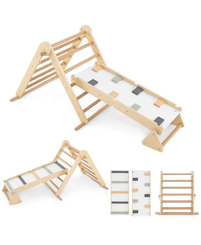 Skonyon 3-in-1 Foldable Pikler Triangle Climbing Set with Ramp – Natural Montessori Toys