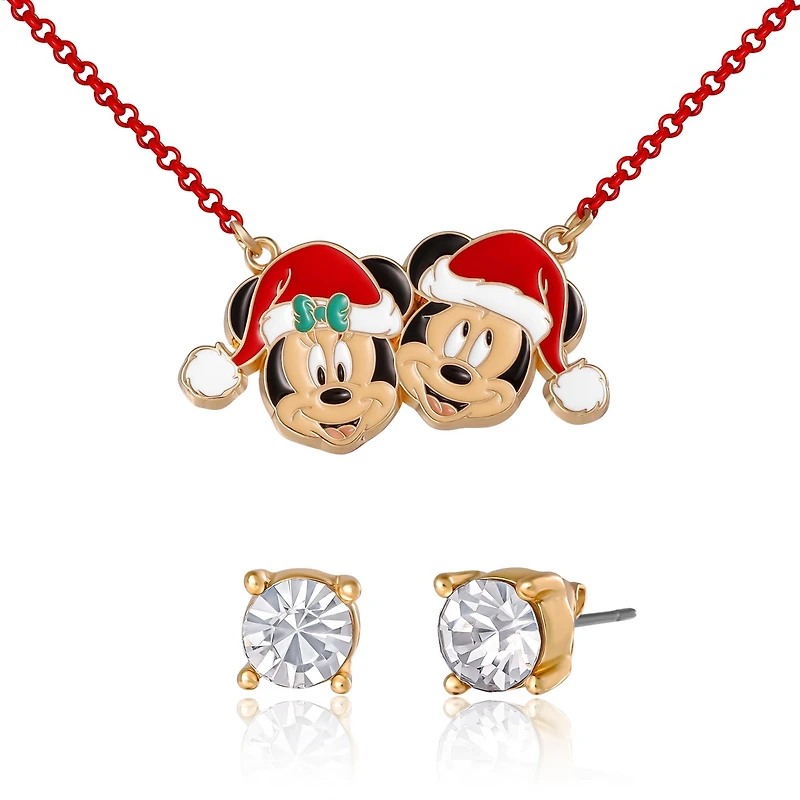 Disney Mickey & Minnie Santa Necklace & Stud Earrings Set, Gold Tone