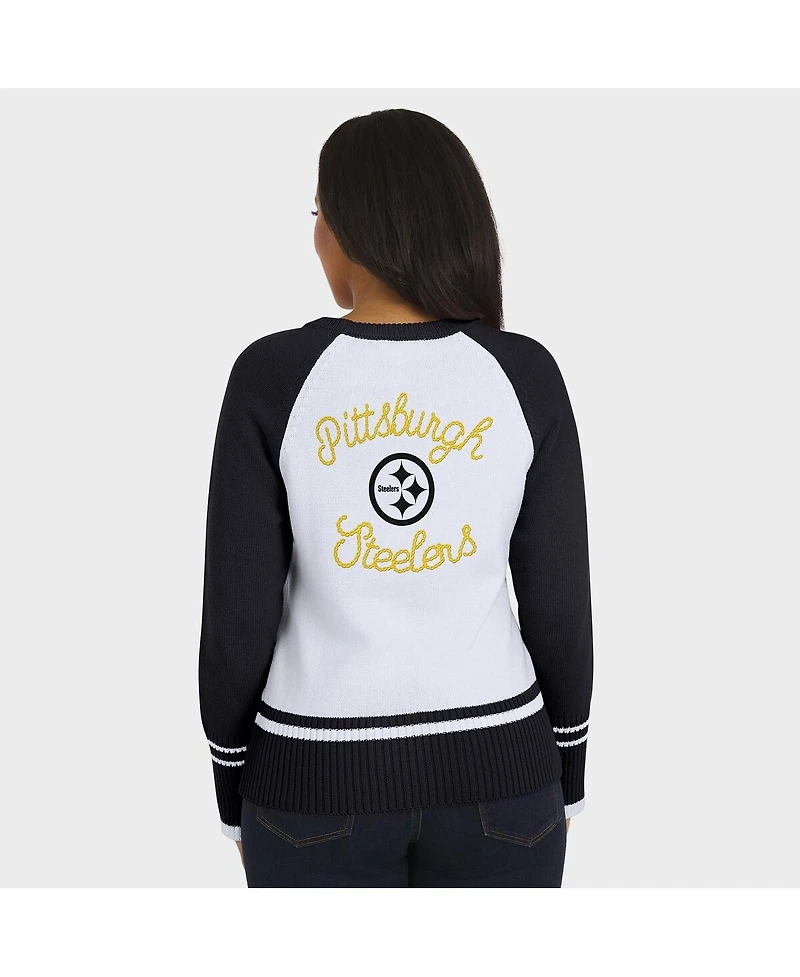 Women's White/Black Pittsburgh Steelers Color Block Raglan Sweater