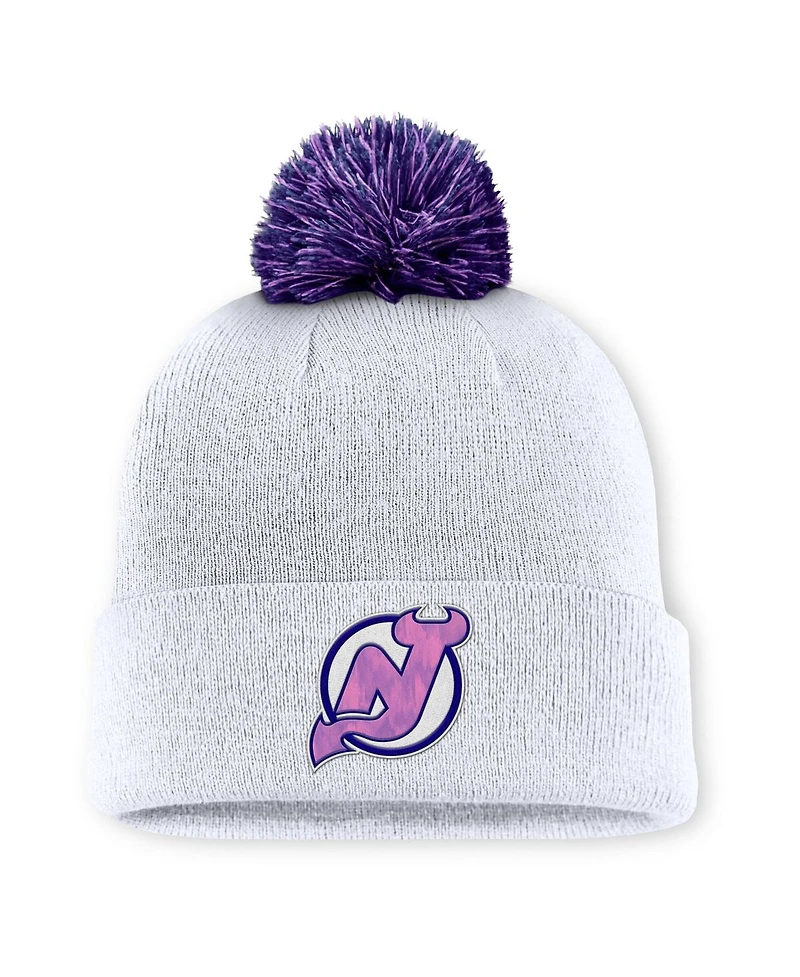 Men's White New Jersey Devils Authentic Pro Hockey Fights Cancer Cuffed Knit Hat with Pom