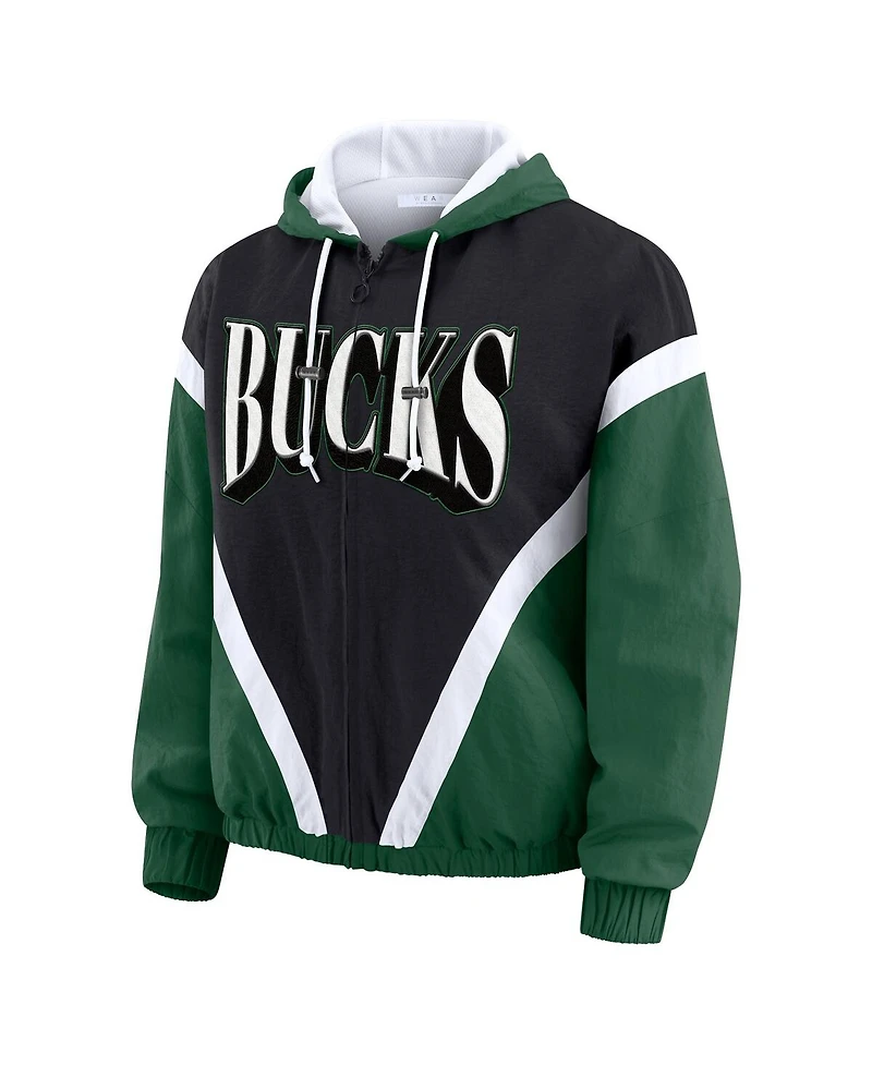 Wear by Erin Andrews Women's Black/Hunter Green Milwaukee Bucks Colorblock Full-Zip Hoodie Windbreaker Jacket