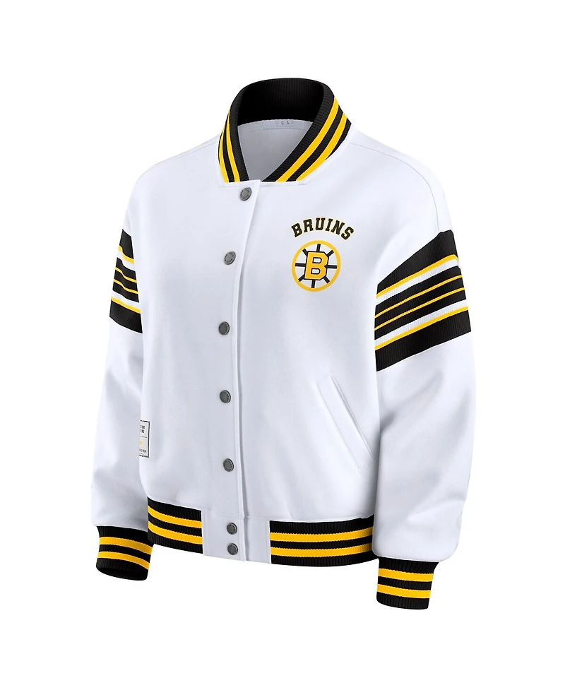 Wear by Erin Andrews Women's White/Gold Boston Bruins Full-Snap Fleece Sweatshirt Jacket