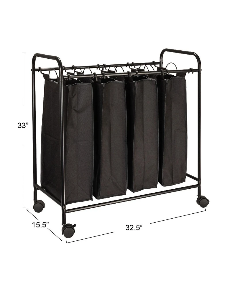 Household Essentials Rolling Laundry Sorter, 4 Bag Laundry Sorter Cart with Washable and Removable Bags, Black