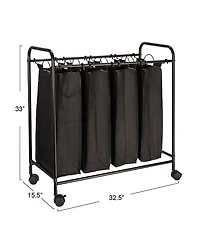 Household Essentials Rolling Laundry Sorter, 4 Bag Laundry Sorter Cart with Washable and Removable Bags, Black