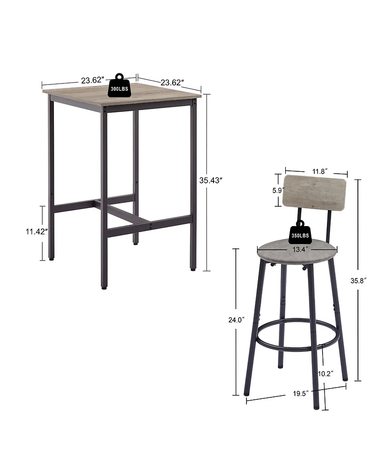 Casainc Bar Table Set with 2 Cushioned Backrest Stools, 23.62'' W x D 35.43'' H