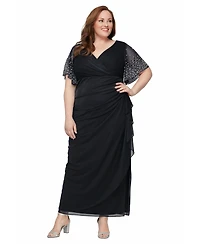 Alex Evenings Plus Embellished-Sleeve Draped Chiffon Gown