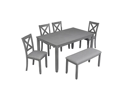 Casainc 6-Piece Grey Kitchen Counter Set with Rectangular Wooden Dining Table 4 Padded Chairs and Bench