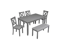 Casainc 6-Piece Grey Kitchen Counter Set with Rectangular Wooden Dining Table 4 Padded Chairs and Bench
