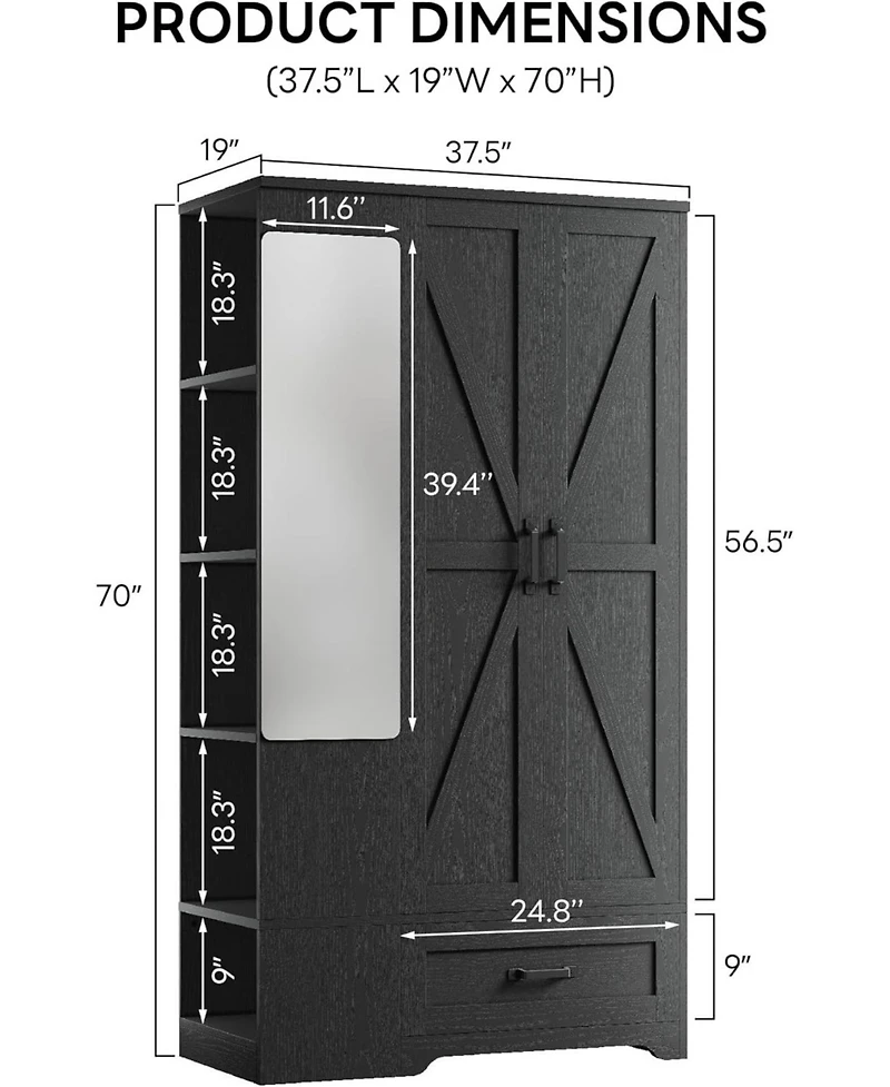 Likimio Black Armoire Wardrobe Closet 70 Inches with Mirror, 2 Doors, Drawer, and Shelves