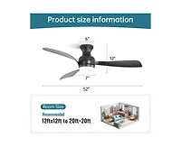 Sofucor 52-inch Modern Black 3-Blade Flush Mount Ceiling Fan with Led Light and Remote Control