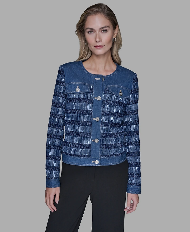Karl Lagerfeld Paris Women's Crewneck Tweed and Denim Jacket