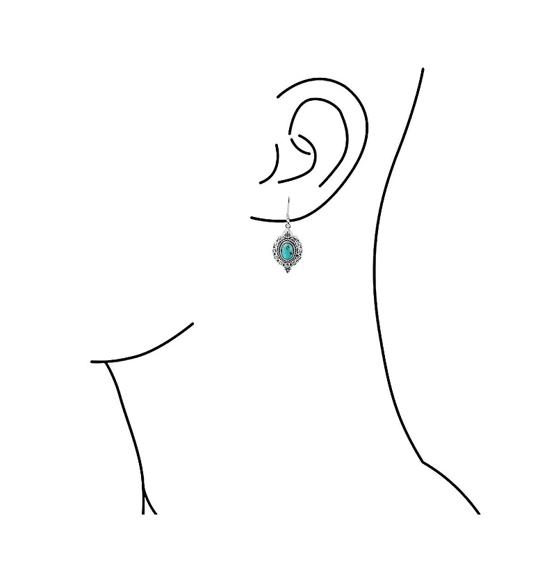Bling Jewelry Western Style Oval Filigree Blue Natural Stabilized Turquoise Dangle Drop Earrings Lever Back Oxidized Sterling Silver